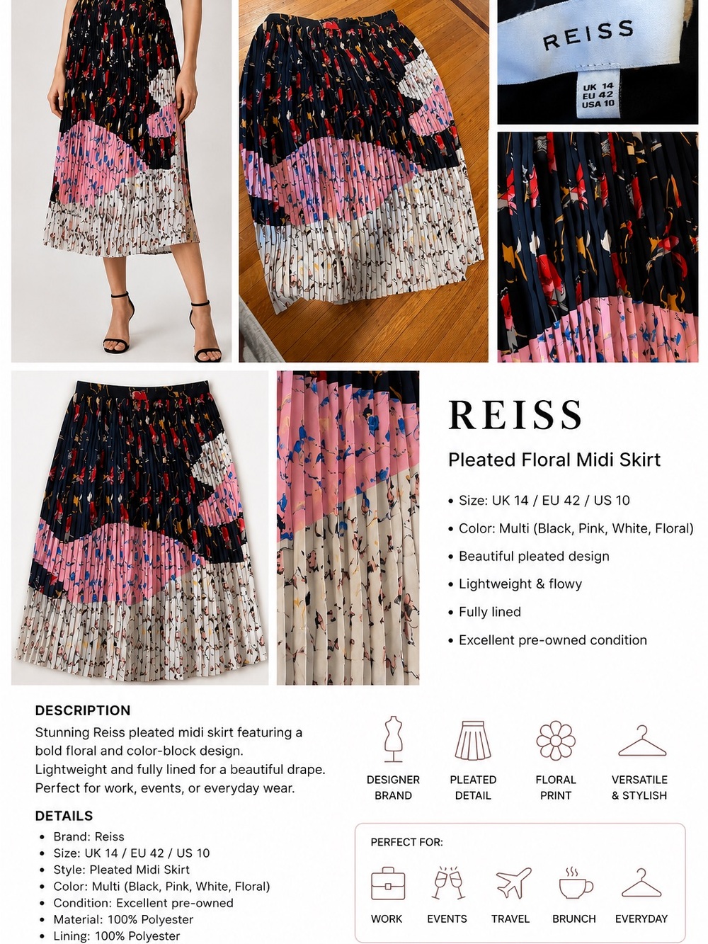 Reiss Black Pink White Floral Pleated Midi Skirt